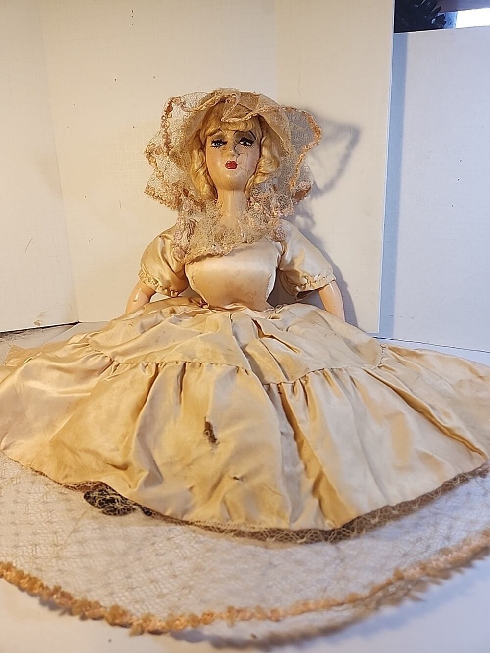 Antique 1920s Boudoir Bed Composition cloth Doll Hand Painted French 24"